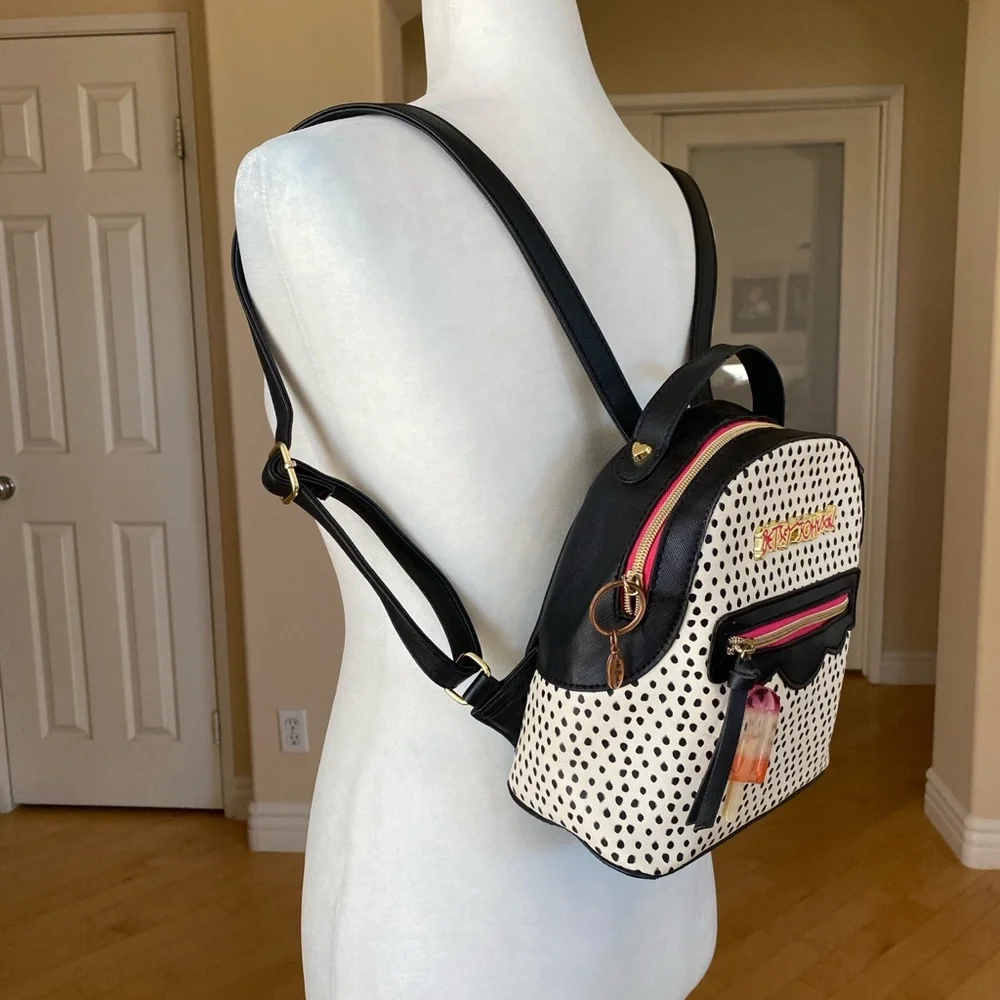 Betsey Johnson Black and White Polka Dot Mini Backpack with Vibrant Accents